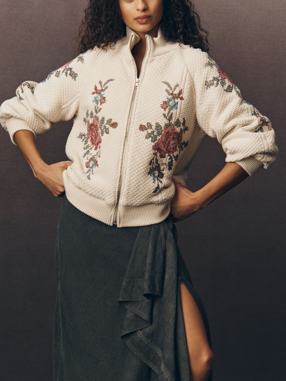 Anthropologie Embroidered Bomber Jacket New Medium Rose Floral